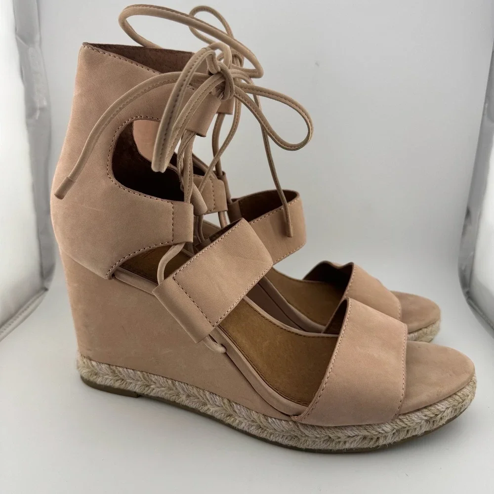 Frye Espadrille Wedge Sandals 8.5 Tan Lace Up‎ Leather Jute Platform